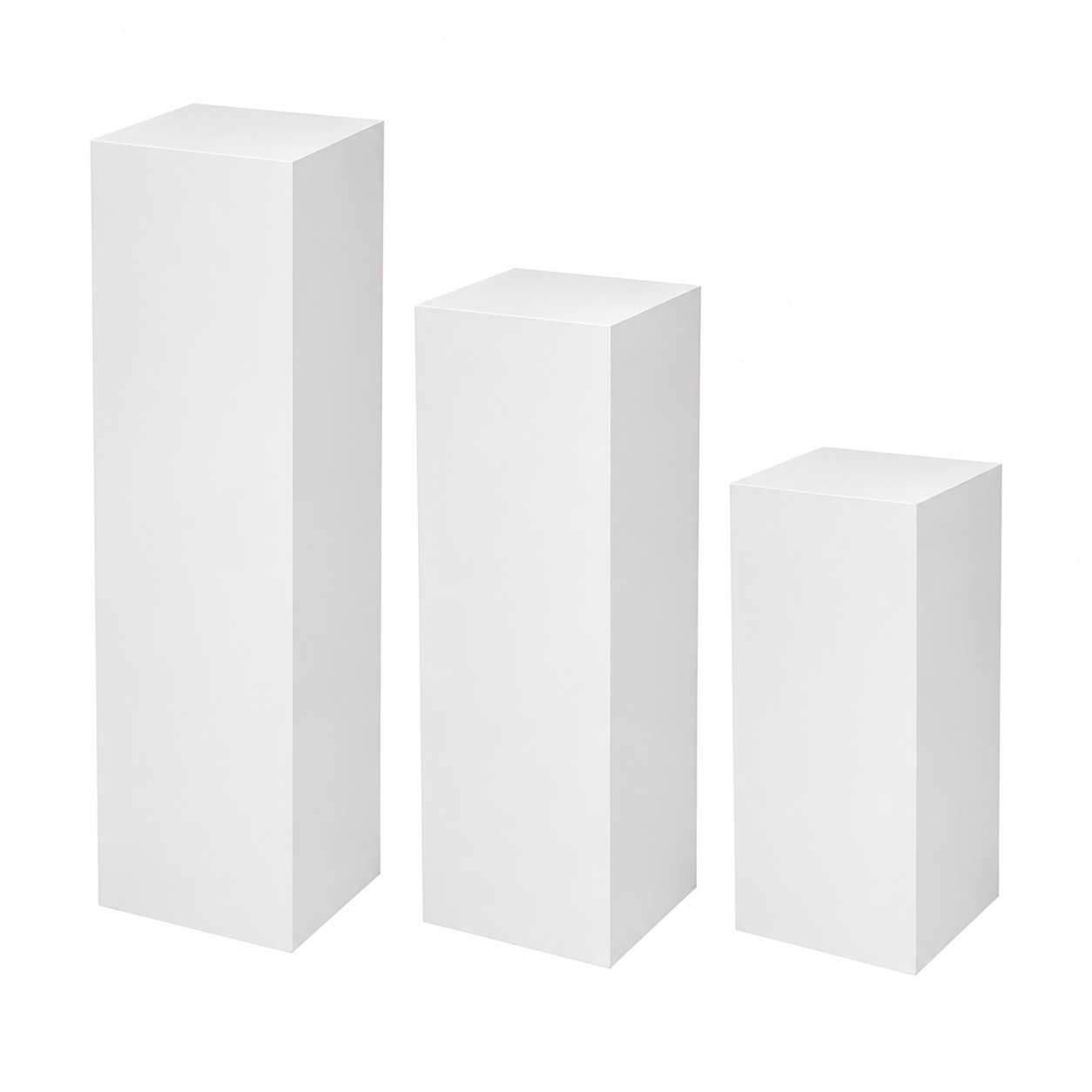 Rectangular Wooden Plinth Set of 3 with 600mm, 800mm and 1000mm heights, featuring a smooth white painted finish for weddings, exhibitions and retail displays.