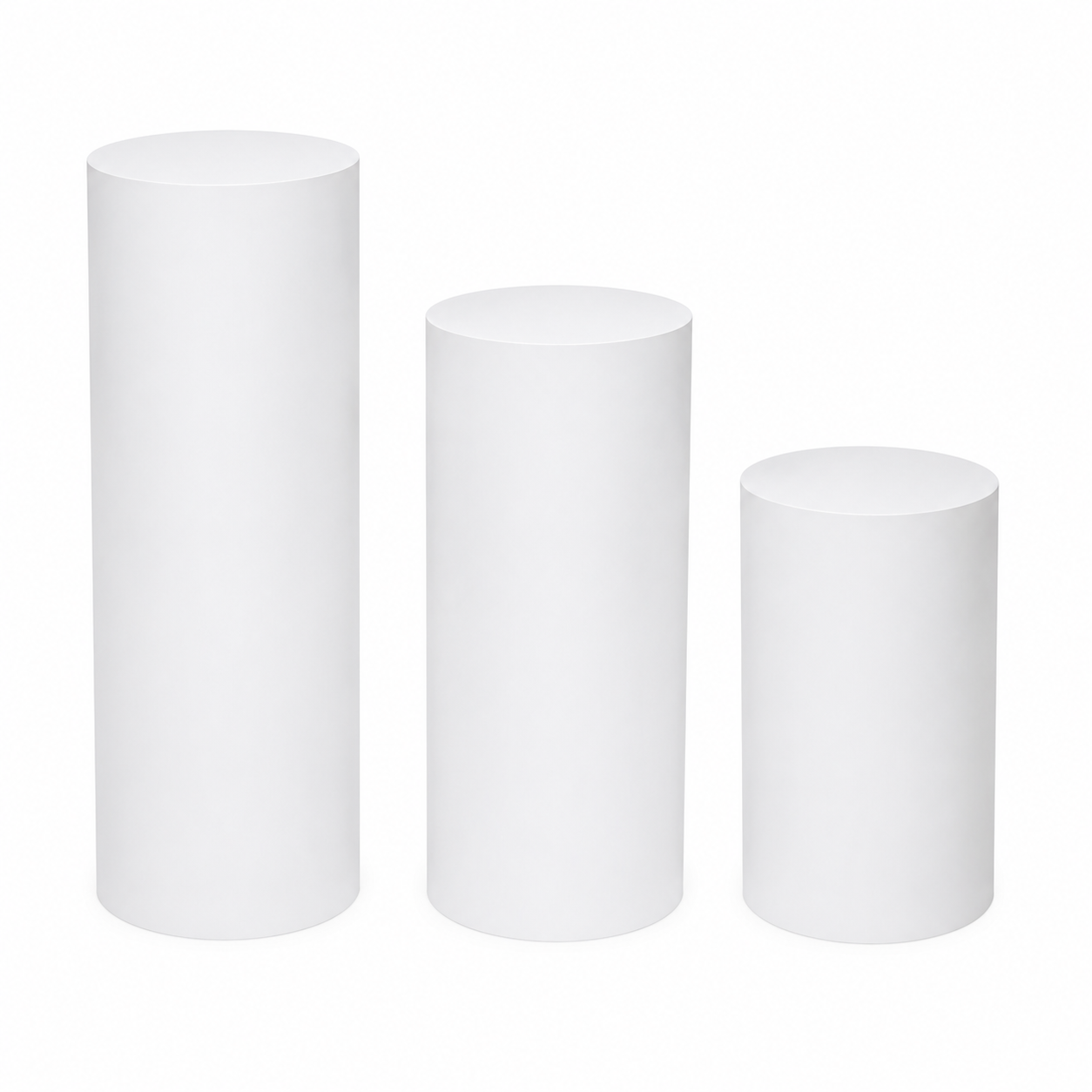 Cylindrical Wooden Plinth Set of 3 with 600mm, 800mm and 1000mm heights, featuring a smooth white painted finish for weddings, exhibitions and retail displays.