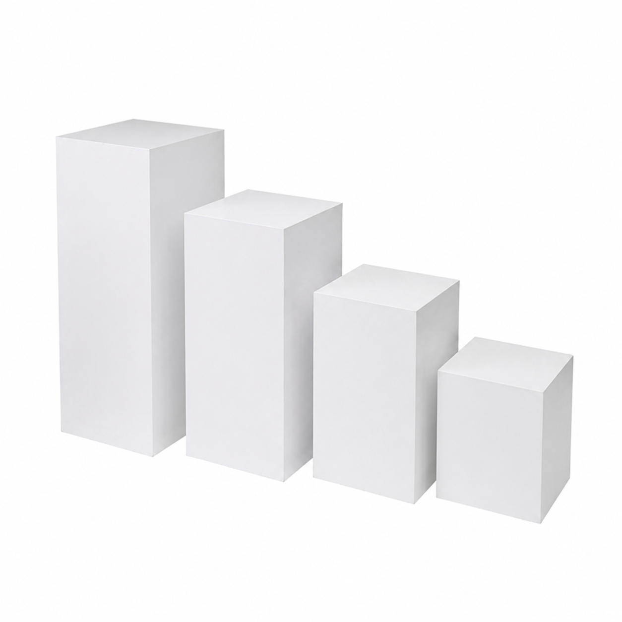 Rectangular Wooden Plinth Set of 4 with 400mm, 600mm, 800mm and 1000mm heights, featuring a smooth painted finish for weddings, exhibitions, retail displays and luxury event décor.